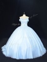 Suitable Blue Off The Shoulder Lace Up Beading Vestidos de Quinceanera Court Train Sleeveless