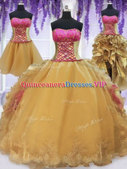 Spectacular Four Piece Strapless Sleeveless Quinceanera Dresses With Brush Train Beading and Lace and Ruffles Hot Pink and Gold Organza and Taffeta - Click Image to Close