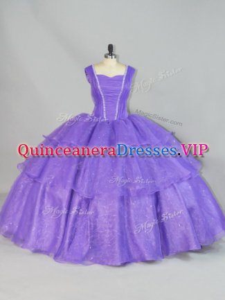 Custom Designed Lavender Organza Lace Up 15 Quinceanera Dress Sleeveless Floor Length Beading and Ruffled Layers