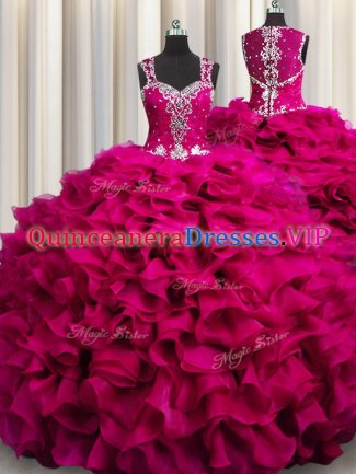 Zipple Up See Through Back Fuchsia Ball Gowns Organza Straps Sleeveless Beading and Ruffles Floor Length Zipper Quinceanera Dresses