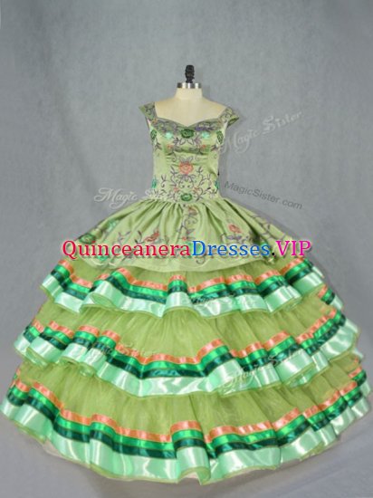 Olive Green Lace Up Straps Embroidery and Ruffled Layers Quinceanera Dresses Organza Sleeveless - Click Image to Close
