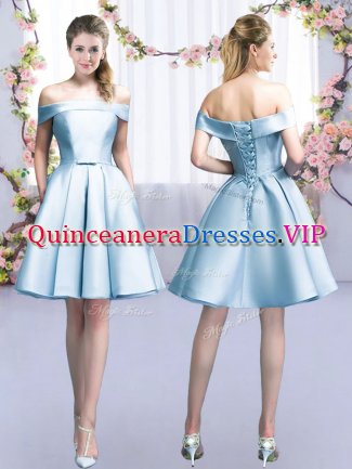 Sweet Light Blue Satin Lace Up Quinceanera Court of Honor Dress Sleeveless Mini Length Belt