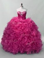 Designer Hot Pink Sleeveless Floor Length Ruffles and Sequins Lace Up Quinceanera Gowns(SKU PSSW1134-8BIZ)