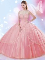 Noble Watermelon Red Ball Gowns Beading Quinceanera Gowns Lace Up Tulle Sleeveless Floor Length