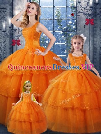 Fantastic Straps Sleeveless Quinceanera Gown Floor Length Ruffled Layers Orange Organza