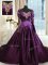 Classical Dark Purple A-line Taffeta Off The Shoulder Long Sleeves Beading and Embroidery With Train Zipper Quinceanera Gowns Chapel Train