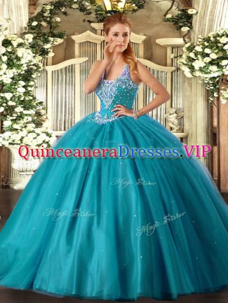 Teal Lace Up Quinceanera Dress Beading Sleeveless Floor Length
