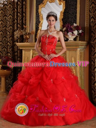 Palmerston NT Red Pick-ups and Appliques Strapless Quinceanera Dress With Tulle Skirt For Sweet 16