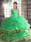 Turquoise Ball Gowns Off The Shoulder Sleeveless Tulle Floor Length Lace Up Beading and Ruffled Layers Quince Ball Gowns
