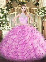 Classical Sleeveless Brush Train Lace and Ruffled Layers Zipper Quinceanera Gowns