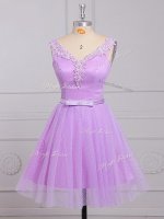 Dynamic Lilac Lace Lace Up Quinceanera Court of Honor Dress Sleeveless Mini Length Appliques and Belt