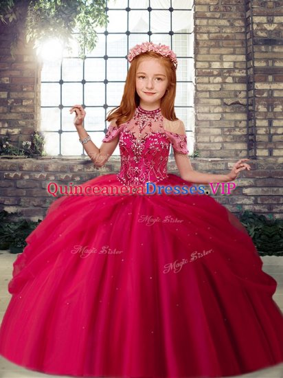 Enchanting Hot Pink Tulle Lace Up Halter Top Sleeveless Floor Length Child Pageant Dress Beading - Click Image to Close