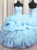High End Visible Boning Sweetheart Sleeveless Organza Vestidos de Quinceanera Beading and Ruffles and Pick Ups Lace Up