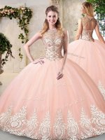 Peach Sleeveless Floor Length Beading and Appliques Backless Sweet 16 Dress