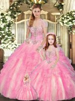 Strapless Sleeveless Lace Up Quinceanera Gowns Baby Pink Tulle