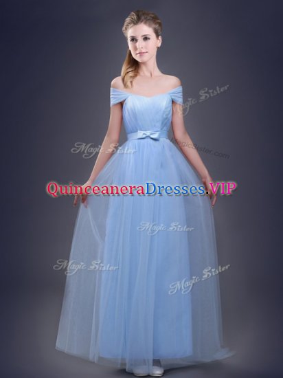 Shining Tulle Off The Shoulder Sleeveless Lace Up Ruching and Bowknot Damas Dress in Light Blue - Click Image to Close