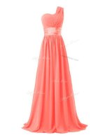 Traditional Floor Length Watermelon Red Quinceanera Dama Dress One Shoulder Sleeveless Lace Up(SKU SWBD016-1BIZ)