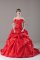 Customized Red Taffeta Lace Up Off The Shoulder Sleeveless Quinceanera Dresses Brush Train Ruching and Pick Ups and Hand Made Flower
