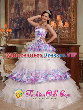 Llandarcy West Glamorgan Exquisite Hand Made Flowers Elegant Quinceanera Dress For Straps Organza and Printing Ball Gown