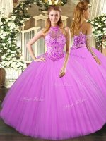 Lilac Ball Gowns Halter Top Sleeveless Tulle Floor Length Lace Up Beading and Embroidery Quinceanera Gown(SKU SJQDDT1148002BIZ)