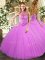 Lilac Ball Gowns Halter Top Sleeveless Tulle Floor Length Lace Up Beading and Embroidery Quinceanera Gown