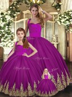 Exceptional Fuchsia Tulle Lace Up 15th Birthday Dress Sleeveless Floor Length Embroidery