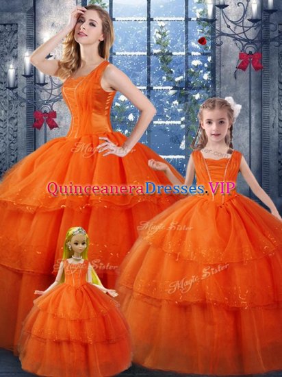 Orange Red Lace Up Straps Ruffled Layers Sweet 16 Dress Organza Sleeveless - Click Image to Close