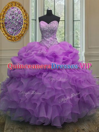 Custom Made Floor Length Lavender Sweet 16 Dresses Organza Sleeveless Beading and Ruffles and Pick Ups