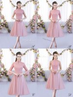 Superior A-line Dama Dress Pink High-neck Tulle Cap Sleeves Tea Length Zipper(SKU BMT0402BIZ)