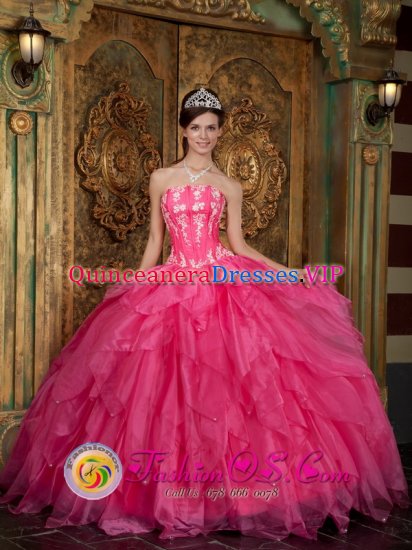 Gorgeous Strapless Organza Hot Pink Osthofen Quinceanera Dress Appliques Ruffled Ball Gown - Click Image to Close