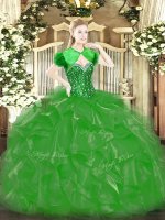 Sweetheart Sleeveless Ball Gown Prom Dress Floor Length Beading and Ruffles Green Organza