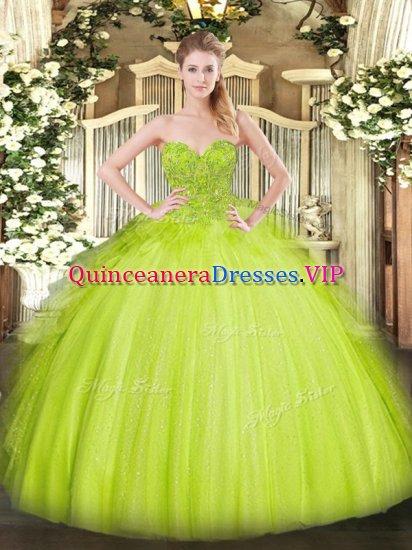 Edgy Yellow Green Tulle Lace Up Sweetheart Sleeveless Asymmetrical Quinceanera Gown Lace - Click Image to Close