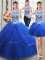 Sweet Three Piece Halter Top Royal Blue Tulle Lace Up Vestidos de Quinceanera Sleeveless Floor Length Beading and Pick Ups