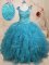 Fine Baby Blue Tulle Lace Up Ball Gown Prom Dress Cap Sleeves Floor Length Beading and Ruffles