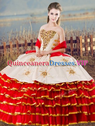 Graceful Sweetheart Sleeveless Sweet 16 Dresses Floor Length Beading and Ruffled Layers White And Red Organza