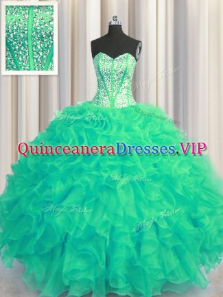 Visible Boning Beaded Bodice Organza Sleeveless Floor Length Party Dress for Girls and Beading and Ruffles