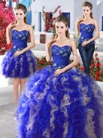 Extravagant Three Piece Blue Organza Lace Up Sweetheart Sleeveless Floor Length Quinceanera Gowns Beading