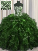 Latest Visible Boning Olive Green Sleeveless Organza Brush Train Lace Up 15th Birthday Dress for Military Ball and Sweet 16 and Quinceanera(SKU PSSW0587-1BIZ)