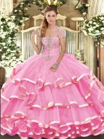 Rose Pink Strapless Lace Up Appliques and Ruffled Layers Sweet 16 Quinceanera Dress Sleeveless