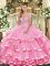 Rose Pink Strapless Lace Up Appliques and Ruffled Layers Sweet 16 Quinceanera Dress Sleeveless