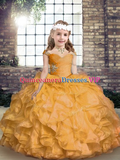 High End Gold Straps Lace Up Beading and Ruffles Little Girls Pageant Dress Wholesale Sleeveless - Click Image to Close