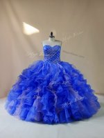 Sweetheart Sleeveless Ball Gown Prom Dress Floor Length Beading and Ruffles Royal Blue Organza