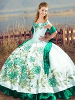 Green Quince Ball Gowns Sweet 16 and Quinceanera with Embroidery and Ruffles Off The Shoulder Sleeveless Lace Up