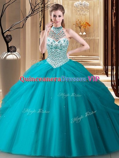 Halter Top Teal Quinceanera Dress Tulle Brush Train Sleeveless Beading and Pick Ups - Click Image to Close