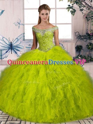 Olive Green Off The Shoulder Neckline Beading and Ruffles Sweet 16 Dresses Sleeveless Lace Up
