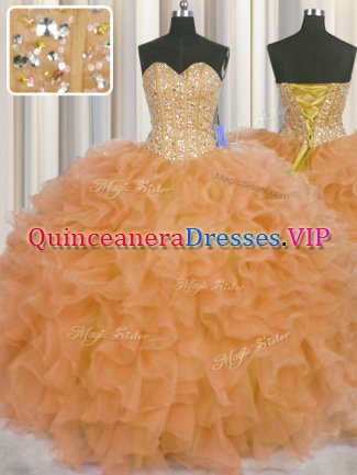 Fitting Visible Boning Sweetheart Sleeveless Lace Up Casual Dresses Orange Organza