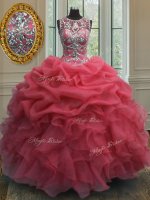 Popular Scoop Coral Red Sleeveless Floor Length Beading and Ruffles and Pick Ups Lace Up 15 Quinceanera Dress(SKU PSSW0119-5BIZ)