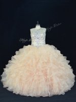 Elegant Floor Length Champagne Sweet 16 Dress Organza Sleeveless Beading and Ruffles
