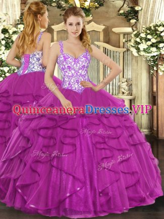 Fancy Fuchsia Ball Gowns Beading and Appliques and Ruffles Quinceanera Dresses Lace Up Tulle Sleeveless Floor Length