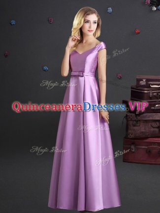 Lilac Empire Elastic Woven Satin Off The Shoulder Cap Sleeves Bowknot Floor Length Zipper Dama Dress for Quinceanera